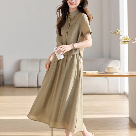 
XAE luxury high-end brand short-sleeved dress for women 2025 summer new POLO collar fashionable casual shirt suit skirt apricot color L [Suggested 115-125Jin [Jin equals 0.5 kg]]
