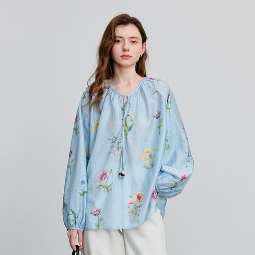 Chuyu Small Fresh Linen Printed Shirt Women's 2025 Spring New Loose Shirt Top Blue Bottom Green Velvet XL