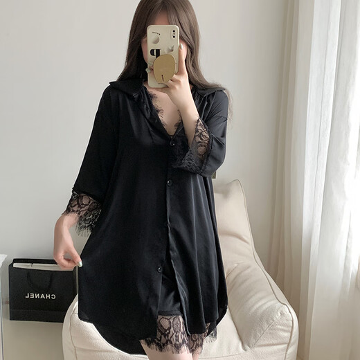 Bei Yifu-Shirt und Pyjamas für Frauen, sexy 2025 neuer Freundeshänger, reine und sexy Atmosphäre, langärmeliges Oberteil, dünn 12357# schwarz, einzelne Größe (geeignet für 80-145jin [Jin gleich 0,5 kg])