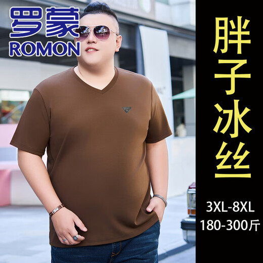 Romon (Romon) ТОГОДНАЯ БОЛЬШОЙ ШЕЛКА V-образной футболки для мужчин в летом плюс жира плюс жира плюс жир, а также большой жир, повседневный с твердым цветом, JXS9918 Black 8xl 210 (280-300JIN [JIN равен 0,5 кг])))
