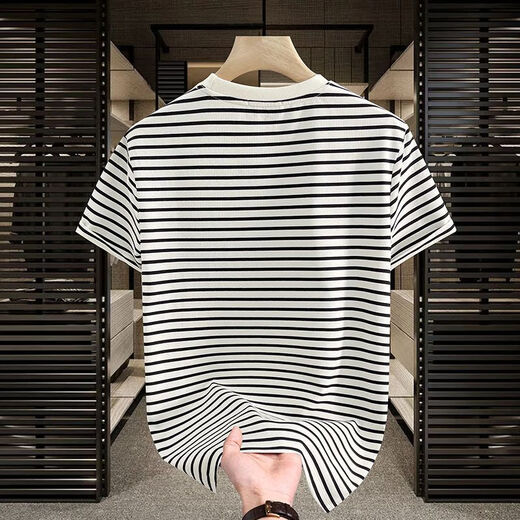 
Begiche 2025 new short-sleeved T-shirt fashionable casual trend summer striped round neck men's versatile top black breathable sweat-absorbing cotton 9898 M