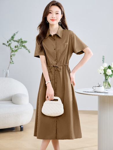 TJQ ​​Luxury High-End-Marke-Hemdkleid für Frauen 2025 Sommer Neue mittlere mittelgroße Abschleife und Taillenbaus, gelegentliches Rock Military Green M Empfohlen 115jin [Jin entspricht 0,5 kg]