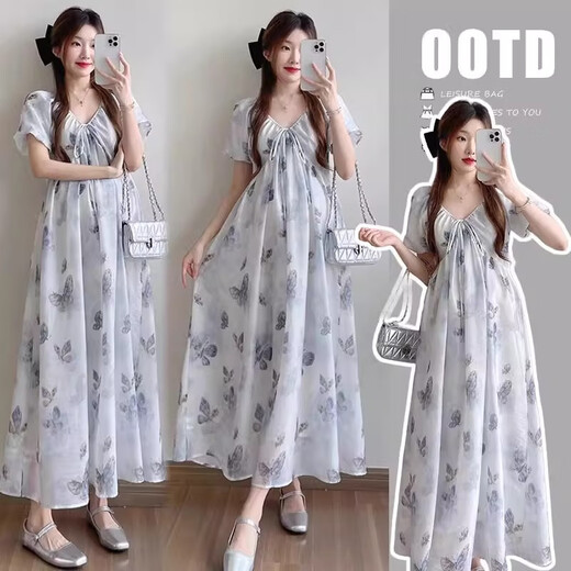 Vestido de maternidad Xinnan NUEVO 2025 Vestido de verano Romantic Casual en V de encaje en V Skirt Long Maternity Skirt Blue Butterfly Falda l Tamaño 100-120Jin [Jin equivale a 0.5 kg]