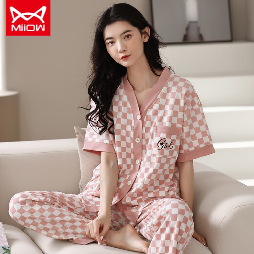 猫人 MIIOW睡衣女春夏短袖长裤开衫韩版可爱V领夏天家居服全纯棉套装 YSH-9737#开衫 M 码80-100斤
