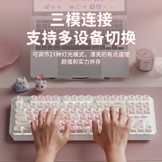 前行者草莓小猫无线蓝牙三模机械键盘女生高颜值可爱87键白光电脑笔记本办公游戏电竞外设通用 87键白色小猫主题【白光】有线款 红轴【轻声舒适】