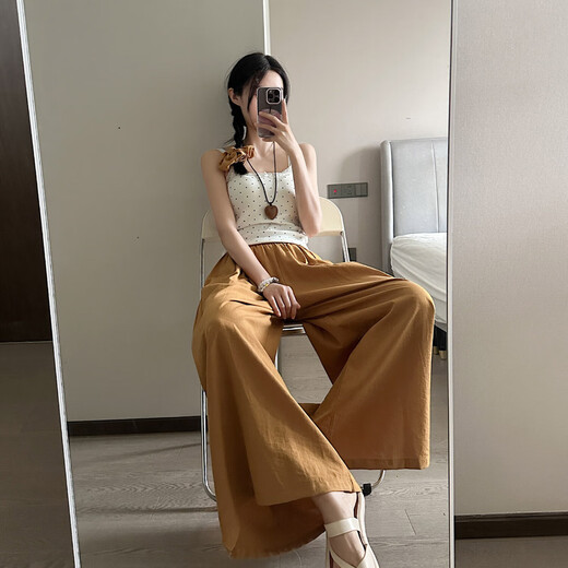 [Fallen lassen Röcke] Feste Farbe Lazy Old Money Style Acht-Punkte-Hose mit breiten Beinen lässige, lockere und schlanke, hoch taillierte Sommerfrauen, erdige gelbe Farbe L [Vorgeschlagen 118-136 Jin [Jin ist 0,5 kg]]]