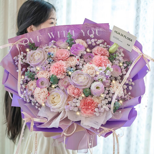 HuaDe Flower Express carnation bouquets, birthday gifts for elders and mothers, same-day delivery in the same city. Purple Dance Flying - Mist Purple Pink Kang + Baby's Breath Flower Bouquet | dyr69