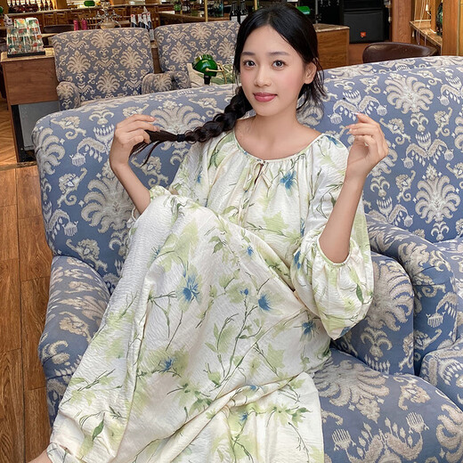 
2025 autumn long-sleeved nightgown for women, sweet and loose princess style pajamas for women, long pullovers, can be worn outside home clothes A13063: light yellow flower shadow bra nightgown 2XL (170-175cm, 140-160Jin[Jin equals 0.5 kg])