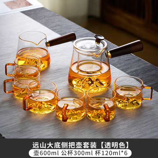 MZXM Japan imported quality glass tea set set for making tea, household tea tray, large capacity living room tea cup, office tea cup, transparent 600ml mountain view pot set, 8 pieces, complete set