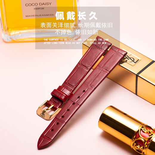 DK适配真皮牛皮手表带女薄款LS3951 3886 3887 51196红白蓝表链14mm 黑色+金色针扣 16mm