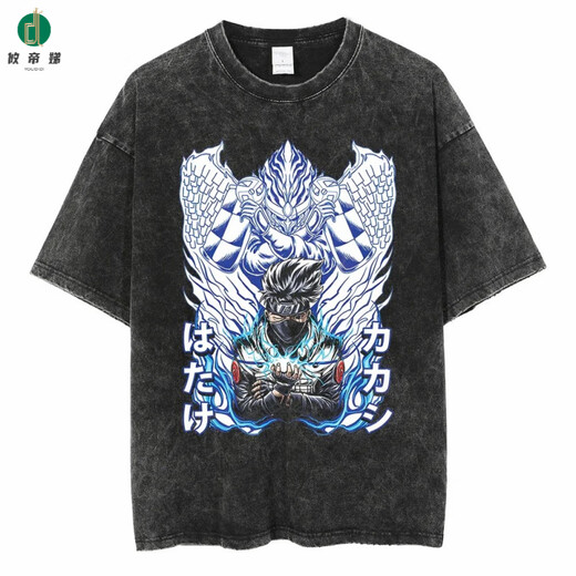 攸帝娣新款街头水洗做旧复古日系火影忍者Naruto动漫棉T恤男夏季短袖 B1396水洗黑 S