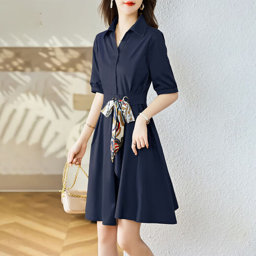 OLJ Light Luxury Brand Dress for Women 2025 Summer NUEVA PERSONA PEQUEÑA SUMERA EXQUISITE Temperamento delgado Falda azul marino L [96-106Jin [Jin equivale a 0.5 kg]]