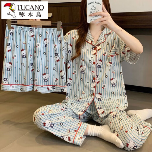 啄木鸟KT猫睡衣女款夏季短袖纯棉三件套装2025新款卡通可爱学生家居服 #FS-三件套14132 M 【75-95斤】