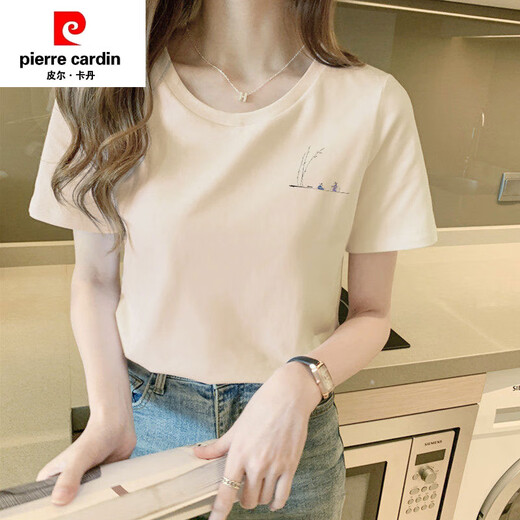 Pierre CARDIN milk apricot color shoulders Chinese style pure cotton short-sleeved T-shirt for women loose basic T-shirt summer 2025 new top trend 6172 smoky purple M (recommended 80-105Jin [Jin equals 0.5 kg])