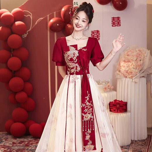 Libaixin Chinese toast suit bride new style 2025 summer engagement wedding dress for women high-end gauze skirt return evening dress burgundy S recommended 80-90Jin [Jin equals 0.5 kg]