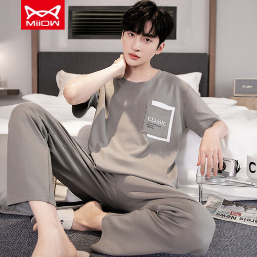Catman Miiow Cotton Pyon Pajamas Men's Men's Summer Classed Colted Coton Cotton Coton Coton de grande taille de Vêtements de maison YS9201 XL Convient pour 120-140jin [Jin est égal à 0,5 kg]