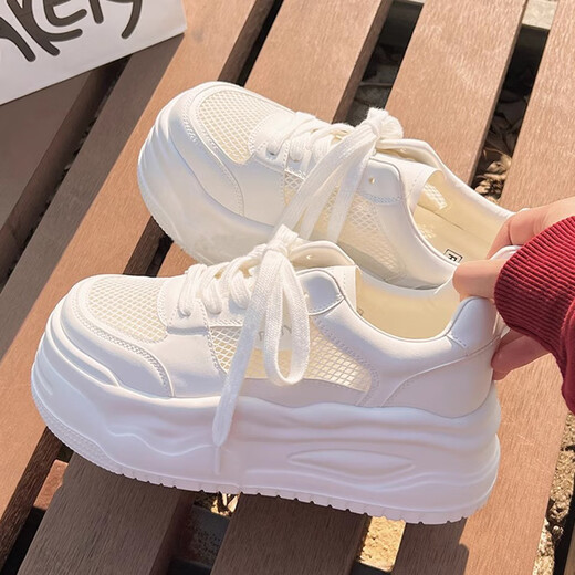 Woodpecker thick-soled white shoes for women in summer new mesh shoes thin breathable board shoes with skirt versatile height-enhancing casual shoes off-white 37 (235mm)