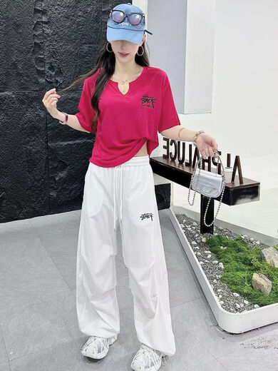 NRDCZ配工装裤的上衣女2025夏季新款曳步舞运动套装短袖T恤广场舞队服 3878粉裤 S 80-100斤