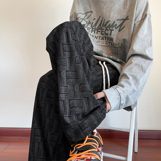 VUUG plaid American trendy brand men's autumn loose large size casual pants for boys and youth pants L black (trousers)