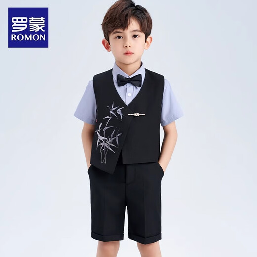 Romon boys dress suit summer suit children's national style new Chinese embroidered vest handsome performance costume black 150