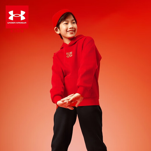 Under Armor New Year Series Children's Sweaters Big Children's Printed Hooded Velvet Tops Boys and Girls Casual Autumn Clothes Red 150