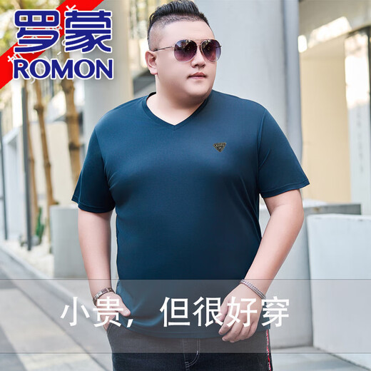 Romon (Romon) ТОГОДНАЯ БОЛЬШОЙ ШЕЛКА V-образной футболки для мужчин в летом плюс жира плюс жира плюс жир, а также большой жир, повседневный с твердым цветом, JXS9918 Black 8xl 210 (280-300JIN [JIN равен 0,5 кг])))