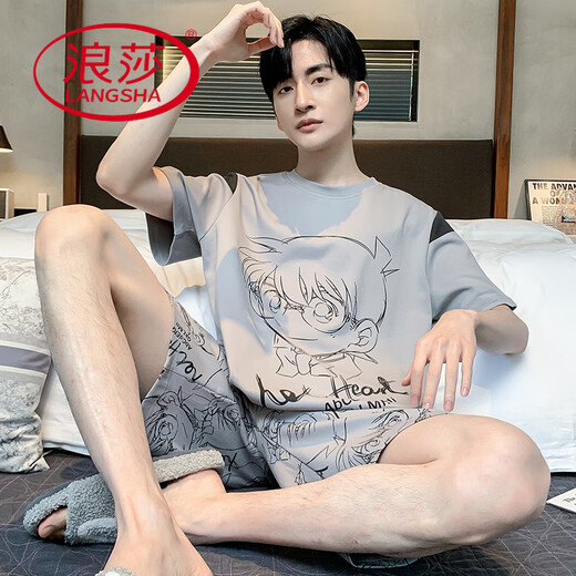 Langsha Summer Pyjamas Herren 2025 Neue Pure Cotton Short Sleeve Shorts Dünne Sommer-Teenager Full Cotton Home Clothing Set W9928 [reines Baumwoll-Kurzarm-Männer] l [100-130jin [Jin gleich 0,5 kg]]]