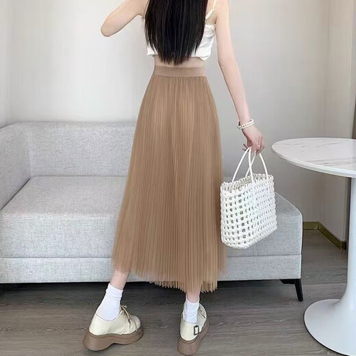 高端网纱半身裙女春秋时尚两面穿百褶垂感纱裙中长款高腰显瘦裙子 咖色【1369】 L 推荐【110-120斤】
