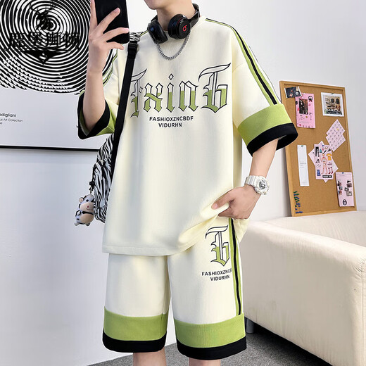 
LuBaoshidun summer high school student trendy ice silk short-sleeved T-shirt suit for men's junior high school handsome new youth sports set 681 meters white suit M Reference 80-100Jin [Jin equals 0.5 kg]