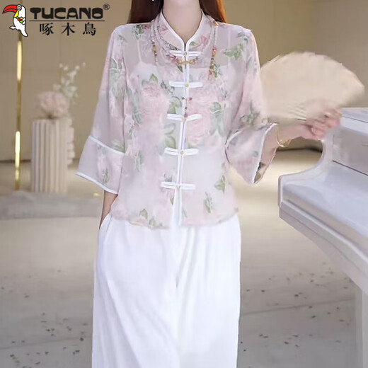 
Woodpecker (TUCANO) 2025 summer new Chinese style sunscreen jacket for women retro elegant age-reducing versatile casual button top Pink S