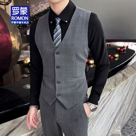 罗蒙（ROMON）西装马甲坎肩韩版修身西服马甲套装背心伴郎团兄弟装男式西服马夹 1908黑色《马甲＋西裤》领带 XL 126-135斤