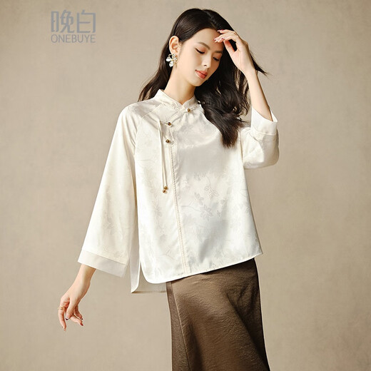 Late white off-size clearance 2025 autumn fashionable light Chinese shirt casual national style light mature jacquard shirt for women apricot L