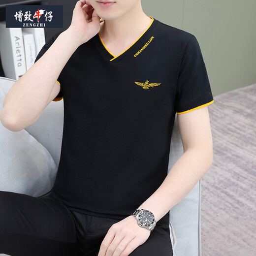 增致牛仔（ZENGZHI）夏季男士短袖t恤纯棉v字领潮流修身半截袖青年休闲上衣服薄款汗衫 黑色 QY693 M