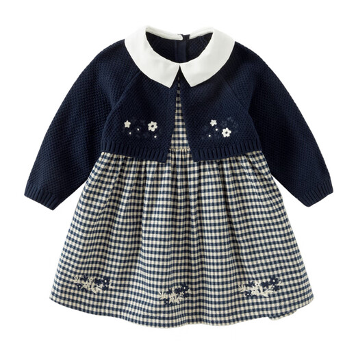 DAVE&BELLA children's sweater dress spring new style girls fake two-piece knitted skirt baby girl skirt princess dress navy blue ready in stock 90 cm (recommended height 80-90cm)