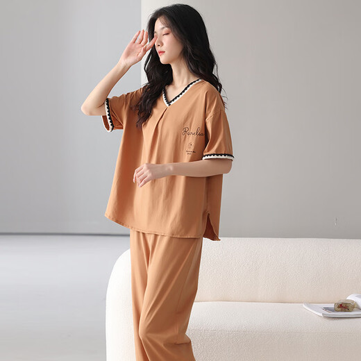 诸禄凉感莫代尔睡衣女夏季短袖长裤春秋薄款套头大码家居服女夏款套装 HN761 M 女-