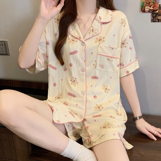 新款睡衣三件套女卡通少女夏季薄款休闲短袖日系甜美风家居服套装 套KK1502 2XL 【建议135-150斤】