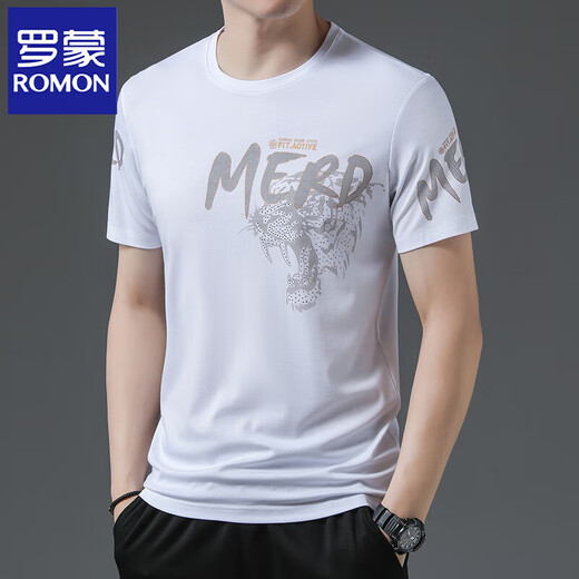 ROMON (ROMON) mulberry silkworm. Silk short-sleeved T-shirt for men in summer new ice silk middle-aged and elderly men round neck printing trendy thin half-sleeved body 728 M 165 [recommended 100-120 Jin [Jin equals 0.5 kg]]