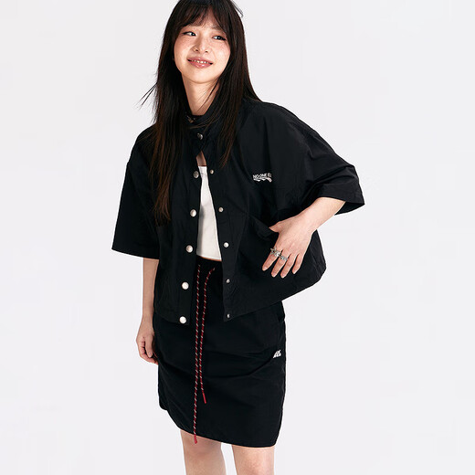 NO ONE ELSE字母翻领外套女士2025夏季新款印花口袋短袖机能夹克 黑色 均码