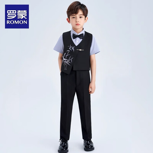 Romon boys dress suit summer suit children's national style new Chinese embroidered vest handsome performance costume black 150