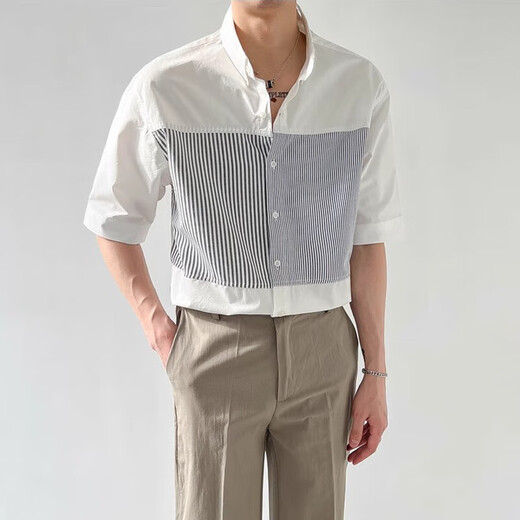 Scarecrow (MEXICAN) summer ice silk cool cotton and linen light luxury style Henry collar short shirt trendy men's stripes white L (110-130Jin Jin equals 0.5 kg)