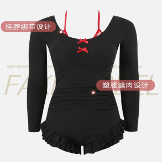 Quan Biyan swimsuit for women, conservative with breast pads, large size for fat mm, hot spring vacation, high-end, slimming, belly-covering, pure lust, one-piece long-sleeved, black and red, one size fits all, recommended 120-150 Jin Jin is equal to 0.5 kg