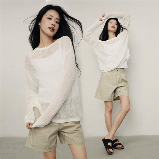 Giordano Blusa coreana del mismo estilo ligeramente transparente para mujer suéter suelto con cuello redondo blanco para mujer 05355318 03 negro S