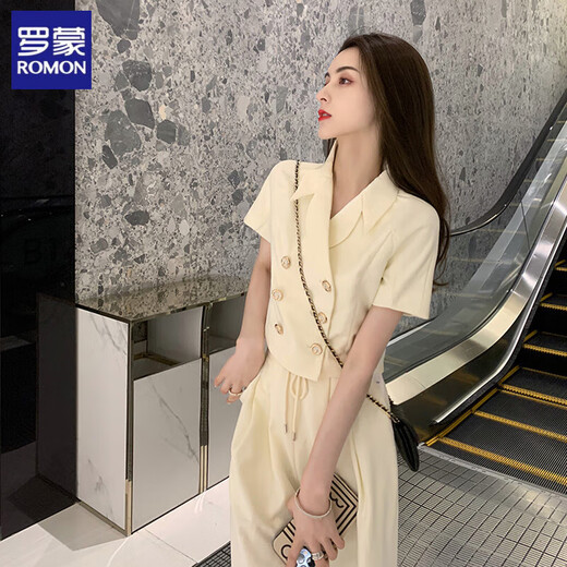 罗蒙（ROMON）小香风套装女夏季2025新款盐系轻熟高级感减龄气质简约休闲两件套 杏色长裤 L
