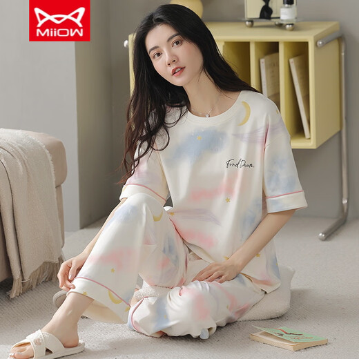 Catman Miiow Pajamas para mujeres en primavera y verano pantalones de manga corta Los estudiantes de estilo coreano puro pueden usar trajes de ropa para el hogar de algodón puro afuera en verano YZT9715 algodón corto y longitud M (80-jin [Jin equivale a 0.5 kg])