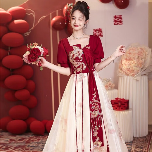 Libaixin Chinese toast suit bride new style 2025 summer engagement wedding dress for women high-end gauze skirt return evening dress burgundy S recommended 80-90Jin [Jin equals 0.5 kg]