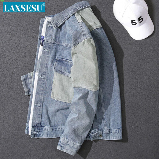 LAXSESU2025外套春秋男新款浅色拼接工装休闲宽松大码牛仔夹克男上衣潮 WTM02浅蓝(新品) M [建议90-115斤]