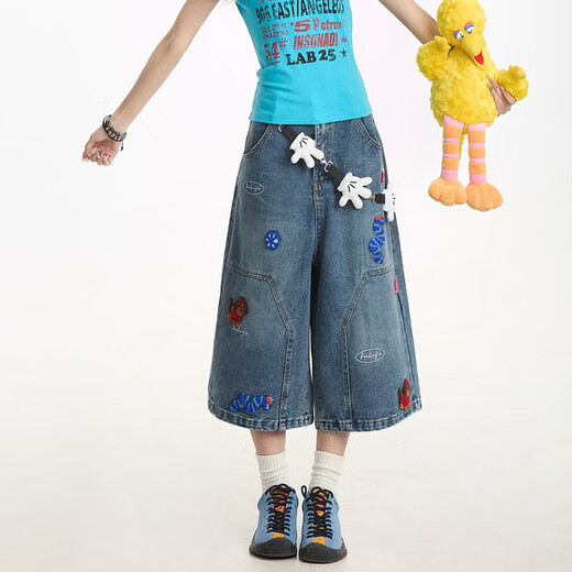趣味刺绣牛仔七分裤女夏季2025新款做旧水洗宽松直筒休闲百搭短裤 浅蓝色（高质量品质） M
