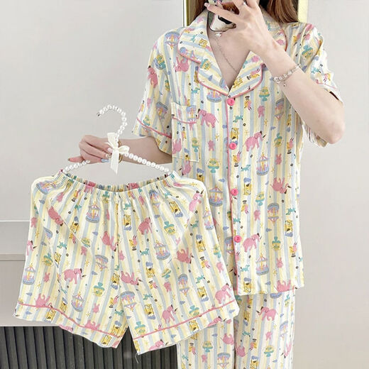 Yalu Yunduomian pajamas for women in summer cute cartoon short sleeves shorts trousers can go out Korean version of Xiaoxiang home clothing set J838 fabric soft upgrade [three-piece set short sleeves M suggestion 80100 equal size