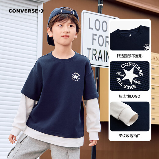 Converse Converse pure cotton splicing fake two-piece long T for boys and girls 2025 autumn new fashionable and comfortable tops