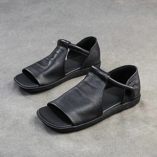 Echtes weiches Leder 2025 Sommer neuer Retro -Fischmund flacher Sohle vielseitiger Römische Sandalen weiche Sohle lässige und komfortable Sandalen für Frauen Khaki 37